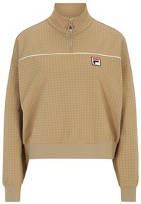 Pullover beige con zip a quarti, con motivo a scacchi, dotato di colletto e polsini a coste, e una piccola toppa con logo sul petto.