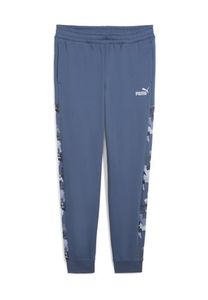 Blue jogger pants made of soft fabric, featuring a black and blue abstract pattern on the sides and elastic waistband with logo detail.