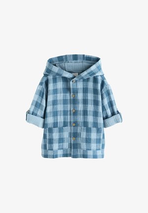 Camicia con bottoni a quadri blu, con cappuccio, maniche corte arrotolate e due tasche frontali. Realizzata in un tessuto leggero e strutturato.