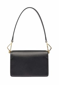 Sac en cuir noir à porté travers avec une forme rectangulaire élégante, accents en métal doré et une seule sangle réglable. Texture lisse avec un design minimaliste.