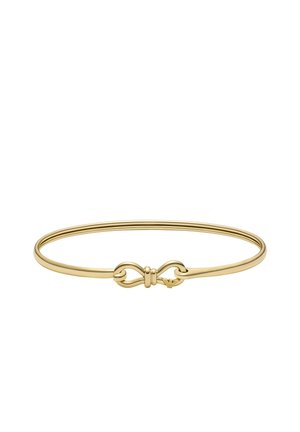 Armring i guldfarvet metal med en glat, poleret overflade og en dekorativ uendelighedsknude ved låsen for sikker lukning.