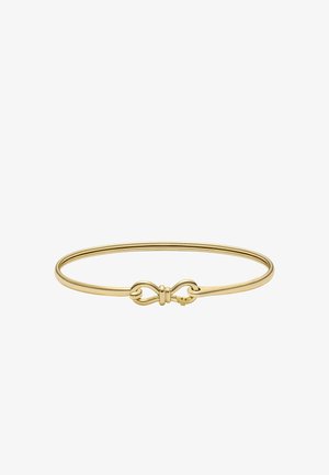 Bracciale rigido color oro con superficie liscia e lucida, caratterizzato da un nodo infinito decorativo sulla chiusura per una chiusura sicura.