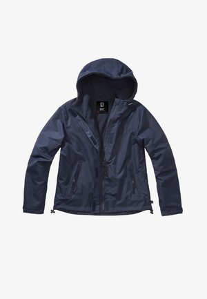 Tmavě modrá kapucí opatřená bunda se zipem vpředu, dvěma zipovanými bočními kapsami a nastavitelnými šňůrkami na spodním lemu, zobrazena rozepnutá.