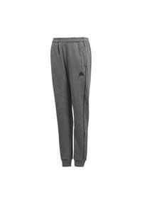 Grå sweatpants lavet af blødt materiale med elastisk talje, smalle ben og sort piping-detalje. Har et Adidas-logo på låret.