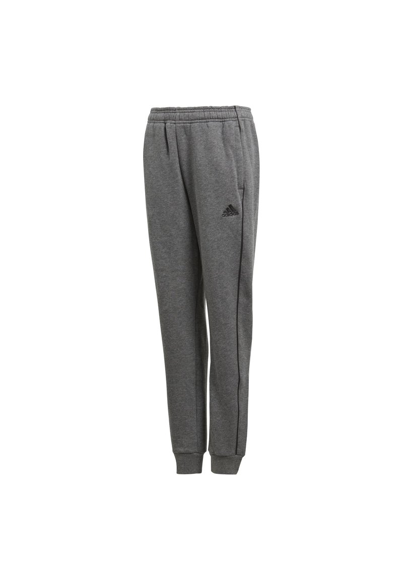 Grå sweatpants lavet af blødt materiale med elastisk talje, smalle ben og sort piping-detalje. Har et Adidas-logo på låret.
