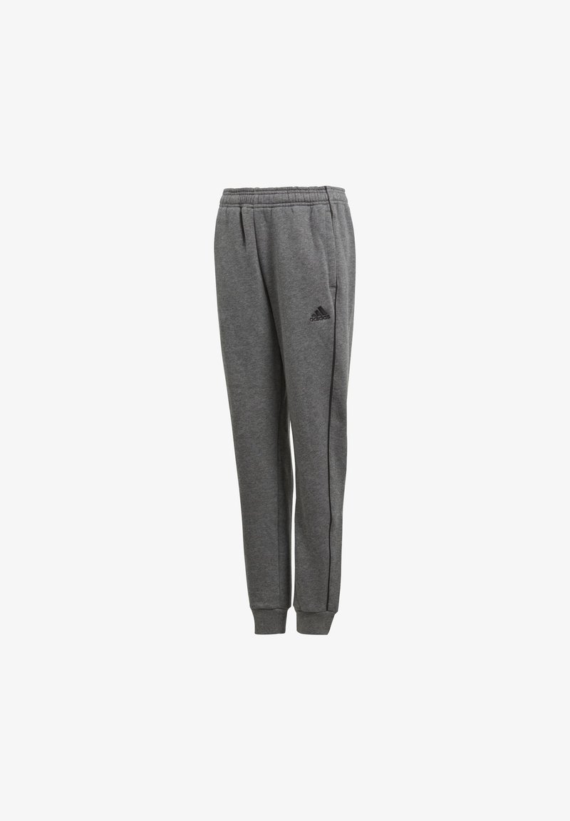 Grijze joggingbroek gemaakt van zacht materiaal met een elastische tailleband, taps toelopende pijpen en zwarte piping. Bevat een Adidas-logo op de bovenbeen.