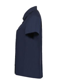 Camicia blu navy a maniche corte con colletto, realizzata in tessuto morbido. Presenta una tasca e un orlo dritto per un taglio su misura.