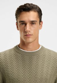 Olivgrüner Strickpullover mit Fischgrätenmuster, mit rundem Halsausschnitt und strukturiertem Finish, getragen über einem weißen Hemd.