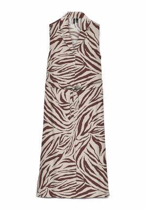 Vestido sin mangas beige con rayas de cebra marrones, cuello con solapa, escote en V y cinturón de lazo en la cintura.