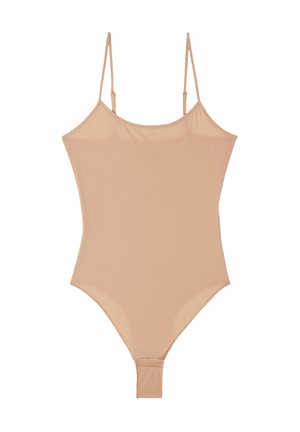 Nude-farbenes Badeanzug-Einteiler mit verstellbaren Trägern, schlankem Design und hochgeschnittenen Beinausschnitten. Hergestellt aus glattem, elastischem Stoff.
