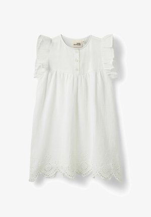 Bijela haljina bez rukava s naborima na ramenima, tri gumba sprijeda i rubom od čipke s izrezima u obliku valova.