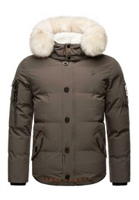 Brown puffer jacket with a fur-lined hood, front buttons, side pockets, and a zippered sleeve pocket. Features a logo on the chest.