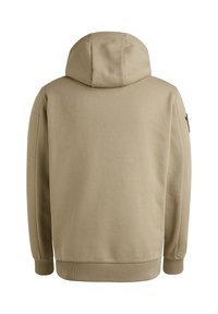 Beige Kapuzenpullover mit glatter Textur, gerippten Bündchen und Saum. Bietet ein minimalistisches Design ohne sichtbare Logos oder Muster.