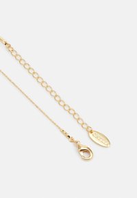 Collier en chaîne dorée avec des maillons ovales, un fermoir mousqueton et une étiquette gravée "ORELLA". Texture lisse avec une finition brillante.