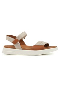 Sandalo in suede e pelle con tomaia beige, dettagli marroni, cinturino elastico e suola in gomma bianca. Presenta una soletta imbottita per il comfort.