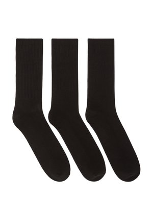 Calze di cotone nere, tre paia, lunghezza alla caviglia, texture a coste, finitura liscia, punta arrotondata. Adatte per l'uso quotidiano.