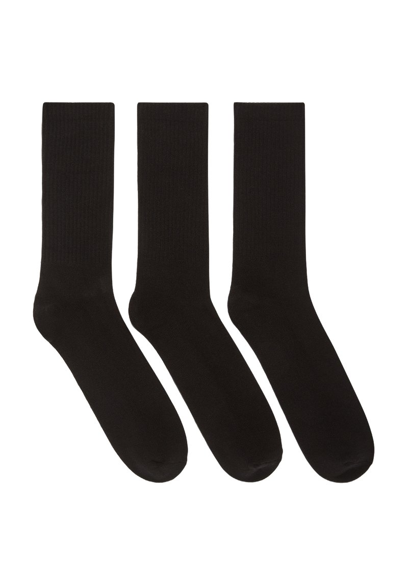 Calze di cotone nere, tre paia, lunghezza alla caviglia, texture a coste, finitura liscia, punta arrotondata. Adatte per l'uso quotidiano.