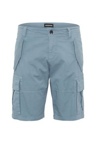 Shorts cargo bleu clair en tissu mélangé coton. Ils présentent des poches latérales et une fermeture à bouton avec un zip.