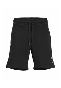 Pantaloni corti neri in cotone con vita elastica e cordino. Presentano un logo circolare bianco sulla parte inferiore della gamba sinistra. Texture liscia.