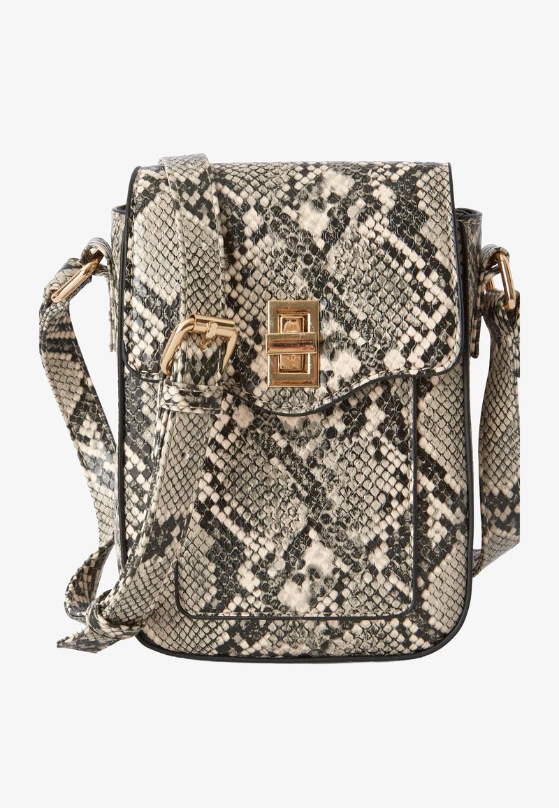 Sac bandoulière en simili cuir texturé au motif serpent avec des nuances de gris et de blanc. Doté d'une fermeture rabat et de détails en métal doré.