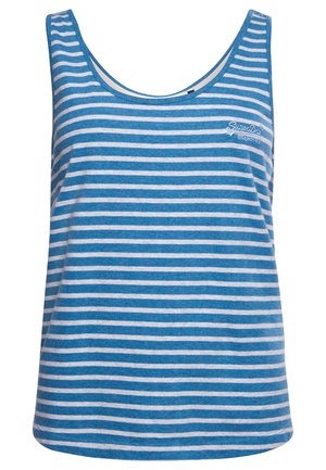 Blauw-wit gestreepte tanktop met brede bandjes en een klein wit "SuperDry" logo op de linkerborst.