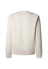 Felpa beige chiaro con scollo rotondo, maniche lunghe e polsini a costine, realizzata in tessuto morbido con una texture liscia.