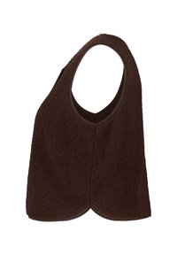 Bruin, pluizig mouwloos topje met een ronde halslijn. Heeft een gladde, contrasterende bies langs de randen en een licht gebogen zoom.