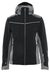 Schwarze und graue Kapuzenjacke mit durchgehendem Reißverschluss, Reißverschlusstaschen an den Seiten, verstellbaren Kapuzenkordeln und reflektierendem Streifen über der Brust.