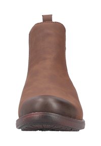 Brązowy skórzany but za kostkę z okrągłym noskiem, gładką powierzchnią i pętlą z tyłu. Posiada teksturowaną gumową podeszwę.