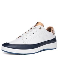 White sneaker with navy blue sole trim, white laces, and metallic bronze accents on the tongue and heel collar, angled left on white background.
