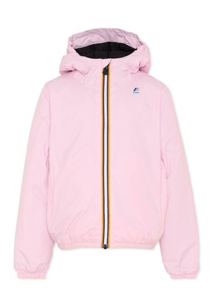 Giacca con cappuccio rosa chiaro con fodera interna nera, polsini elasticizzati, cerniera frontale con bordatura gialla e logo K-Way sul petto.