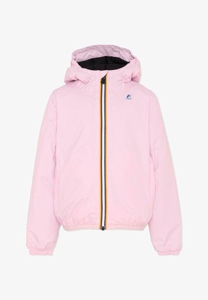 Giacca con cappuccio rosa chiaro con fodera interna nera, polsini elasticizzati, cerniera frontale con bordatura gialla e logo K-Way sul petto.