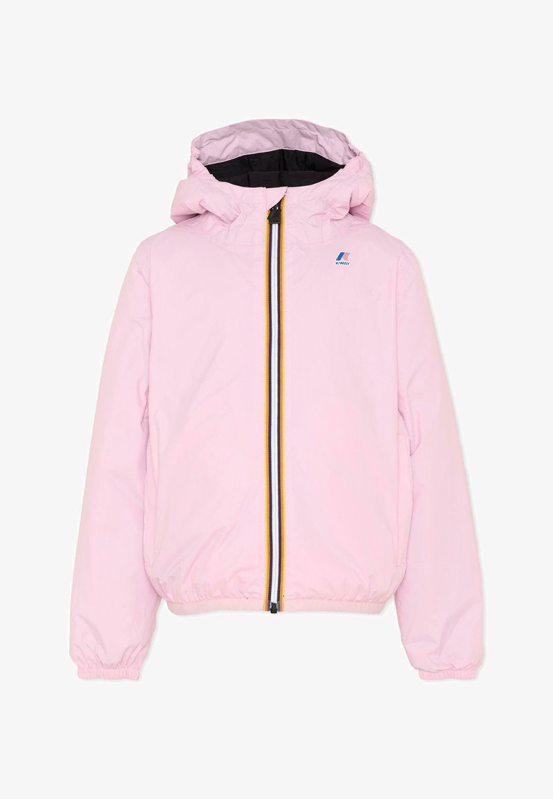 Jasnoróżowa kurtka z kapturem z czarną podszewką, elastycznymi mankietami, przednim zamkiem błyskawicznym z żółtą lamówką oraz logo K-Way na piersi.