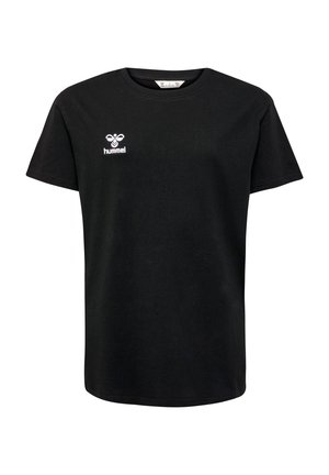 Schwarzes Baumwoll-T-Shirt mit Rundhalsausschnitt, kurzen Ärmeln und einem weißen gestickten Logo auf der linken Brust. Schlichtes, unverziertes Design.