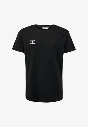 Zwarte katoenen t-shirt met een ronde hals, korte mouwen en een wit geborduurd logo op de linkerborst. Eenvoudig, ongecompliceerd ontwerp.