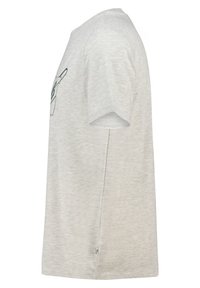 Grijze, korte mouwen t-shirt van een zachte katoenmix. Heeft een grafisch ontwerp op de voorkant en zijsplitten voor extra stijl.