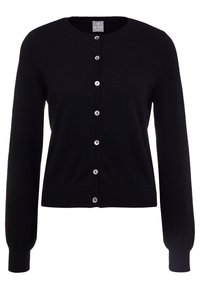 Czarny kardigan z miękkiego materiału, z okrągłym dekoltem, długimi rękawami i sześcioma zapięciami na guziki z przodu, ozdobionymi srebrnymi akcentami.