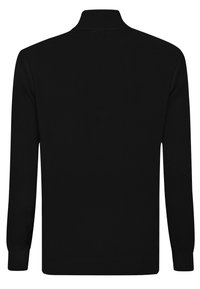 Sorte striktrøje med høj krave, lange ærmer og ribstrik. Bagsiden er ensfarvet uden mønstre eller dekorationer.