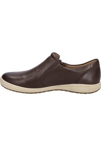 Brown leather slip-on shoe with a rounded toe, contrasting light-colored sole, and minimal stitching for a sleek, streamlined design.