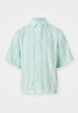 Kortermet skjorte med knapper i lys mintgrønn, med teksturerte vertikale striper og klassisk krage. Laget av et lett materiale.