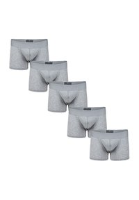 Boxer briefs in cotone grigio con una cintura morbida, caratterizzati da una vestibilità aderente e un branding minimale sulla parte anteriore. Cinque paia esposti in fila.
