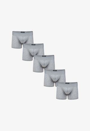 Boxer briefs in cotone grigio con una cintura morbida, caratterizzati da una vestibilità aderente e un branding minimale sulla parte anteriore. Cinque paia esposti in fila.