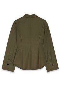 Olive green tailored jacket with a structured collar, long sleeves, and buttoned cuffs. Slightly flared hem and smooth texture.