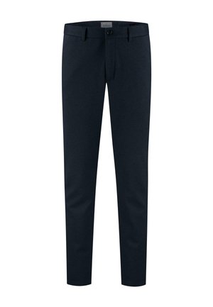 Pantalones marinos de corte slim, con frente plano y cierre de botón. Fabricados con tejido texturizado, con bolsillos laterales y pasadores para el cinturón.