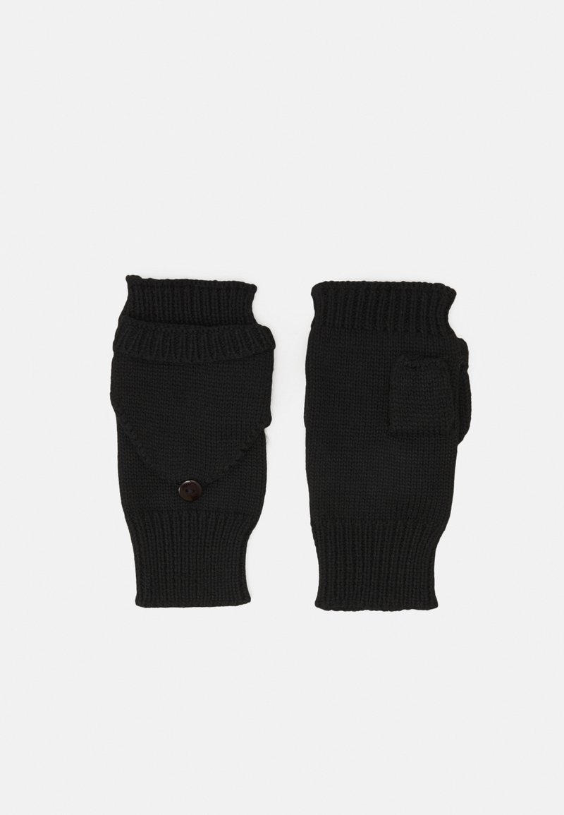 Zwarte gebreide vingerloze handschoenen met geribbelde manchetten, met een knoopaccent en een klein zakdetail aan de ene kant.