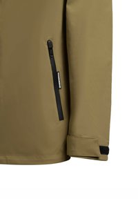 Khaki jakkeærmet har en lynlåslomme med sort lynlås, velcro-manchet og glat stofstruktur. Mærket læser "MADISON SQUARE."