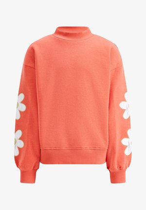 Haut sweat corail avec col haut, manches longues et broderie de marguerites blanches avec accents jaunes sur les deux manches. Matière en coton doux.