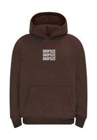Brauner Hoodie mit Fronttasche, auf dem mehrfach in Weiß "DROPSIZE" gedruckt ist. Standardpassform mit Kordelzugkapuze und gerippten Bündchen.