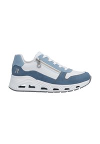 Baskets de sport bleu et blanc avec une finition en daim texturé, un design à lacets et une fermeture éclair latérale. Comprend une semelle rembourrée et des accents perforés.