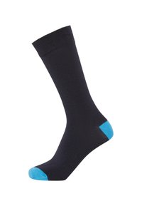 Navy socks with a ribbed cuff, featuring light blue accents at the toe and heel. Made of a smooth, stretchy material.